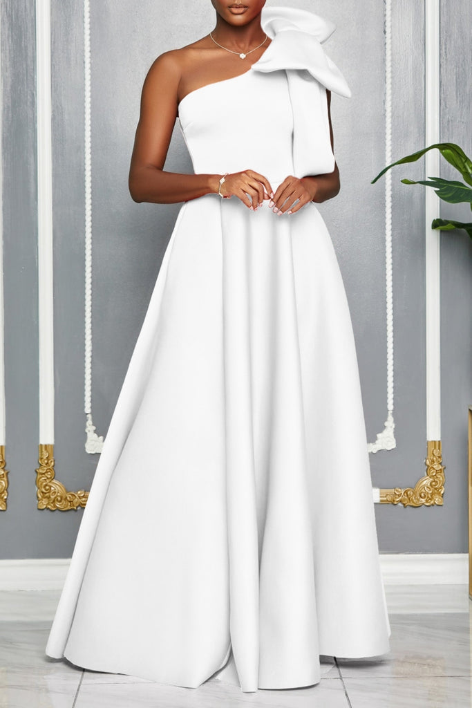 Sexy Party Formal Solid Color Slit Oblique Collar Long Dresses