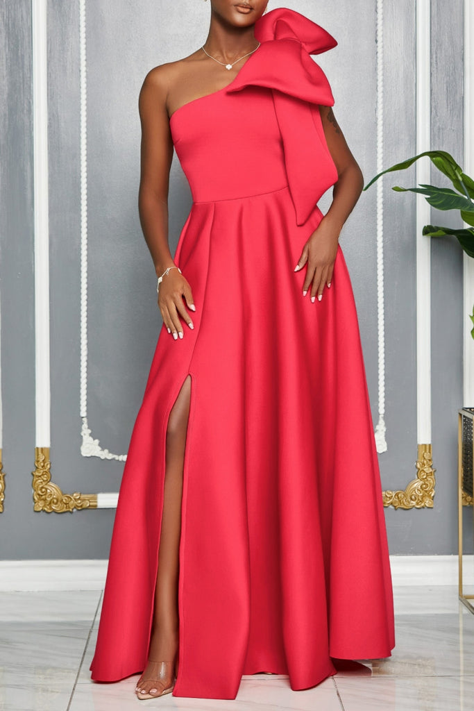 Sexy Party Formal Solid Color Slit Oblique Collar Long Dresses
