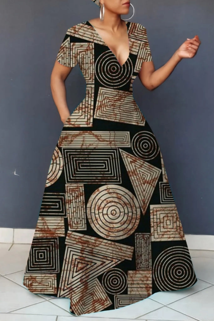 Casual Print Basic V Neck Long Dresses
