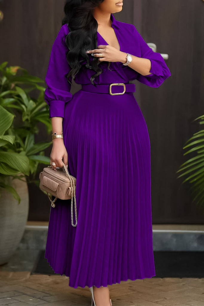 Casual Daily Solid Color With Belt V Neck A Line Dresses