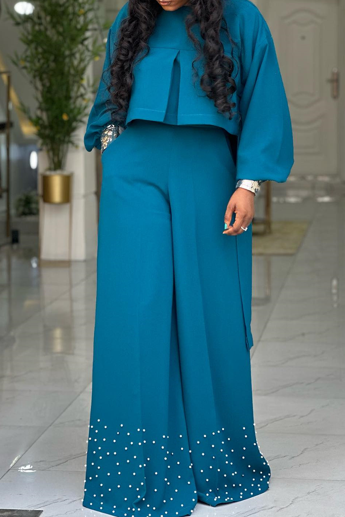 Casual Solid Color Beading Irregular O Neck Long Sleeve Two Pieces