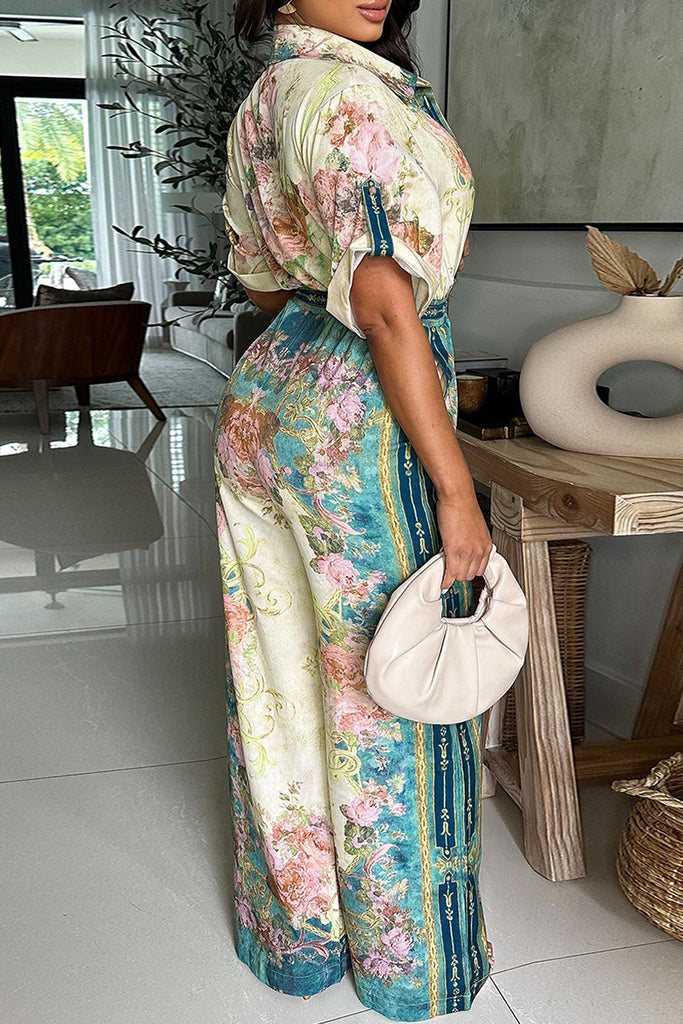 Casual Daily Floral Print Basic V Neck Regular Jumpsuits