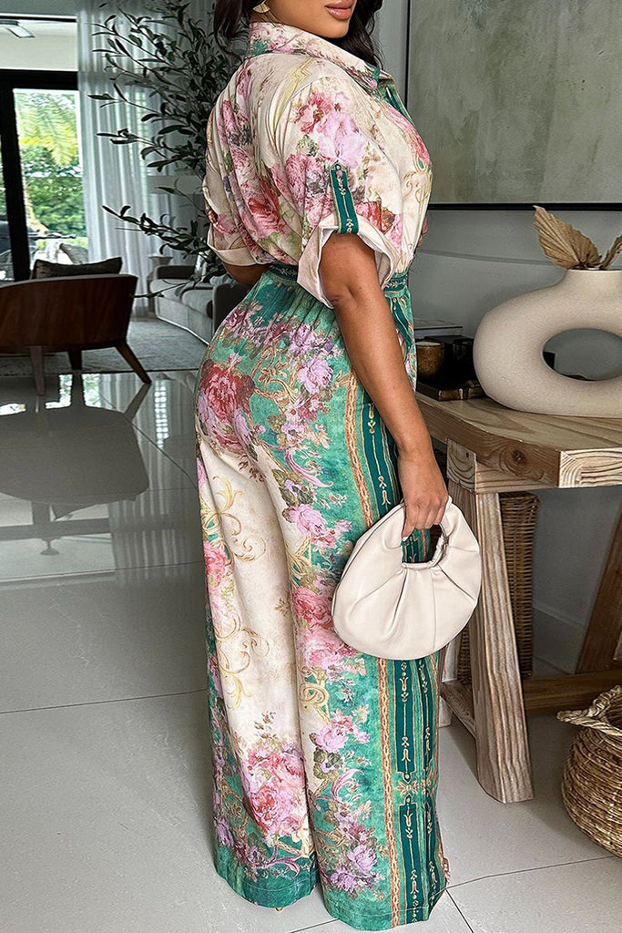 Casual Daily Floral Print Basic V Neck Regular Jumpsuits