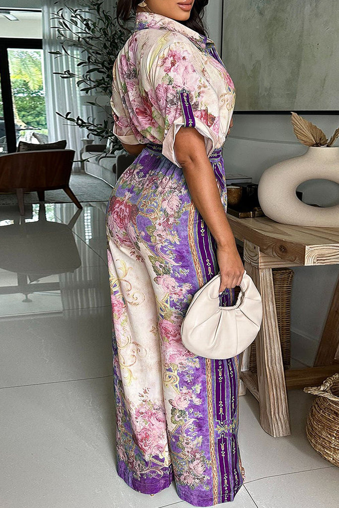 Casual Daily Floral Print Basic V Neck Regular Jumpsuits