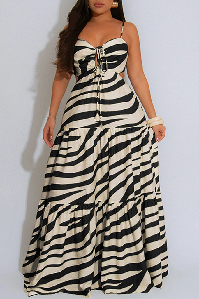 Sexy Casual Print Backless Belted Spaghetti Strap Long Dresses