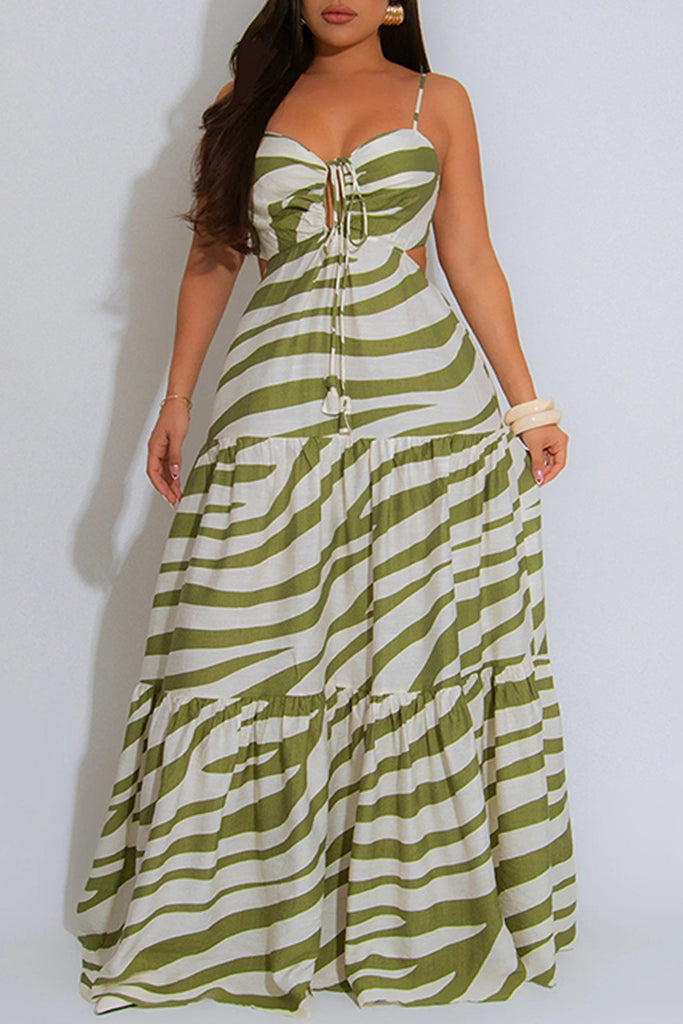 Sexy Casual Print Backless Belted Spaghetti Strap Long Dresses