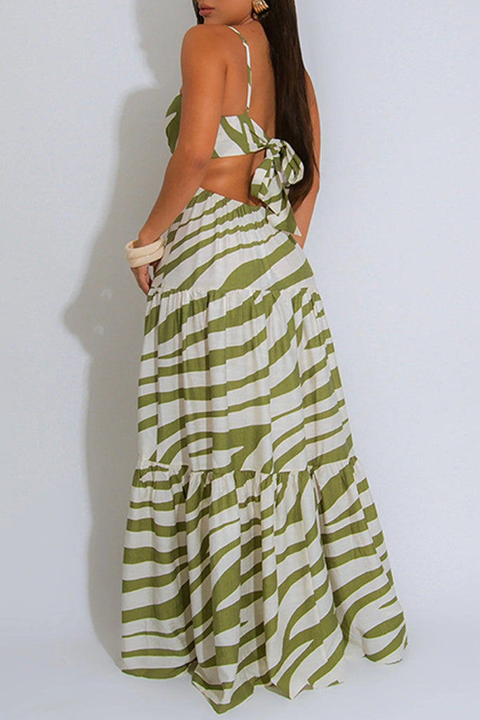Sexy Casual Print Backless Belted Spaghetti Strap Long Dresses