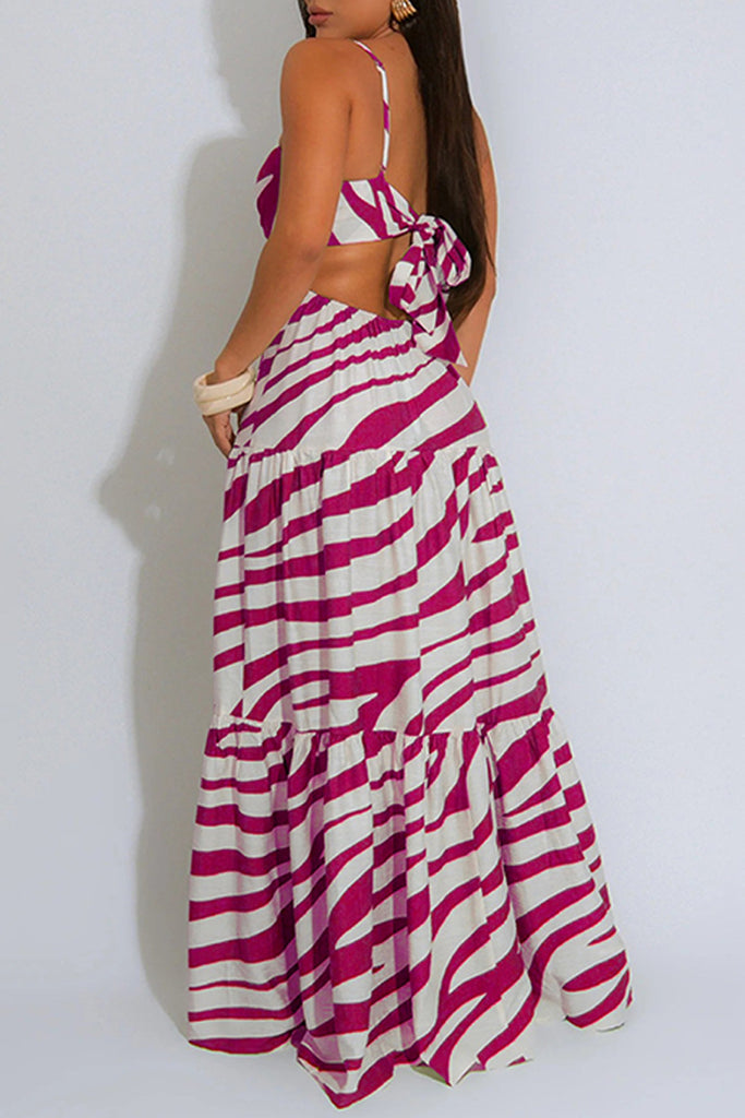Sexy Casual Print Backless Belted Spaghetti Strap Long Dresses