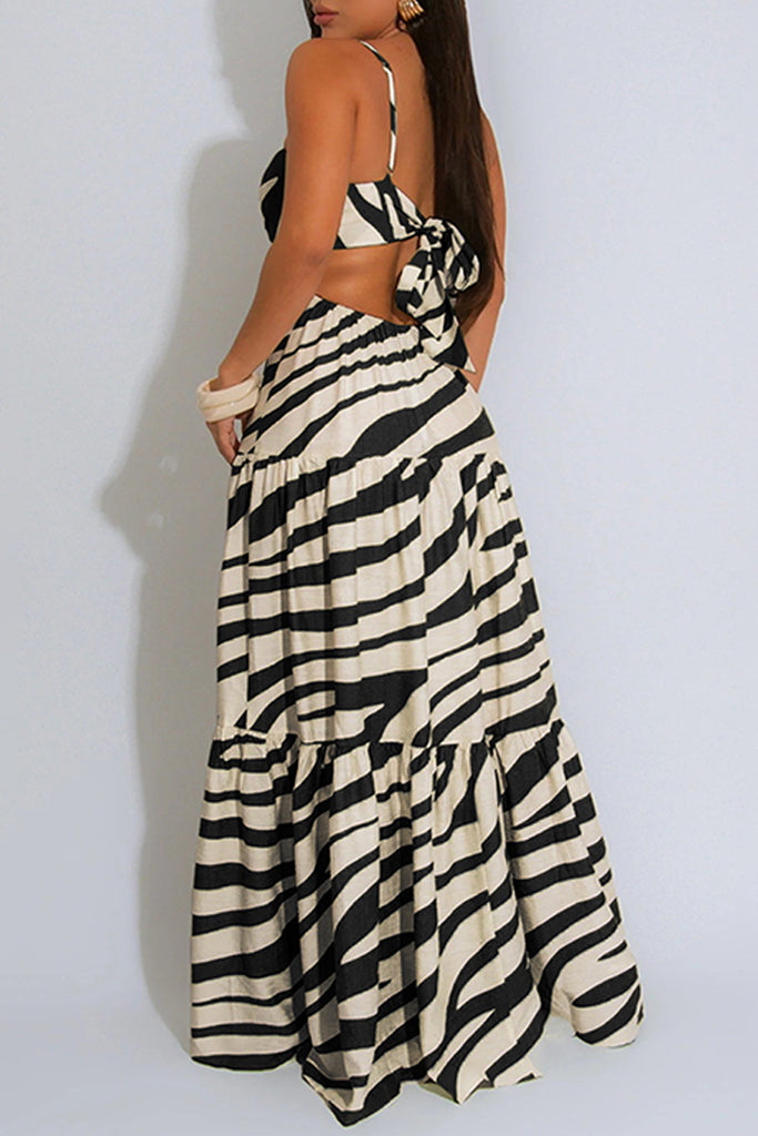 Sexy Casual Print Backless Belted Spaghetti Strap Long Dresses
