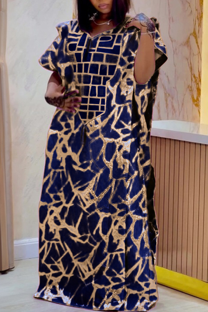 Elegant Print Patchwork Asymmetrical Collar Long Dresses