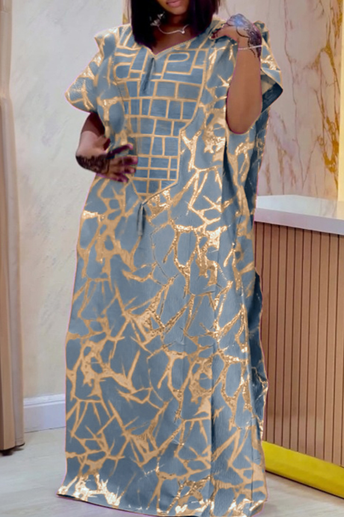 Elegant Print Patchwork Asymmetrical Collar Long Dresses