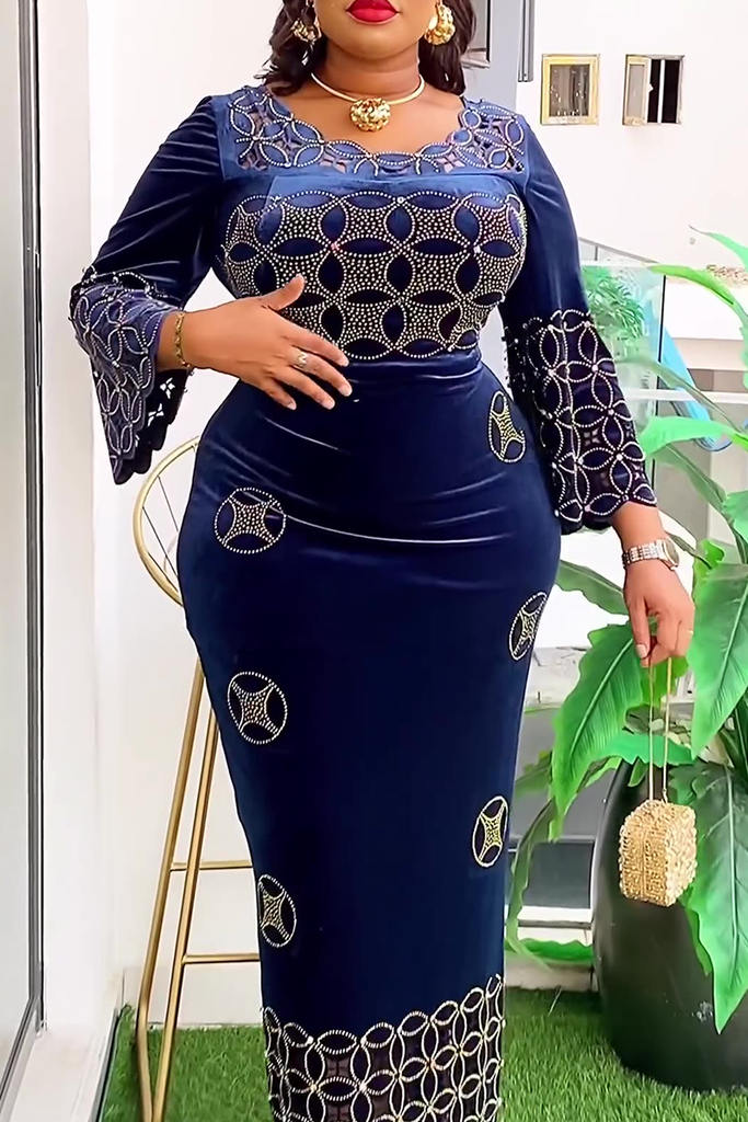 Elegant Strap Design Hot Drill O Neck Long Plus Size Dresses