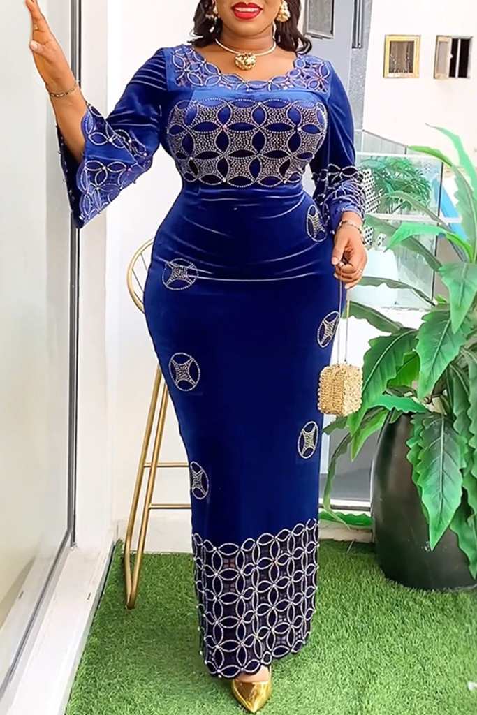 Elegant Strap Design Hot Drill O Neck Long Plus Size Dresses