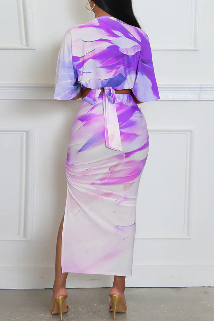 Sexy Casual Elegant Print Slit Ruched Deep V Neck Half Sleeve Two Pieces