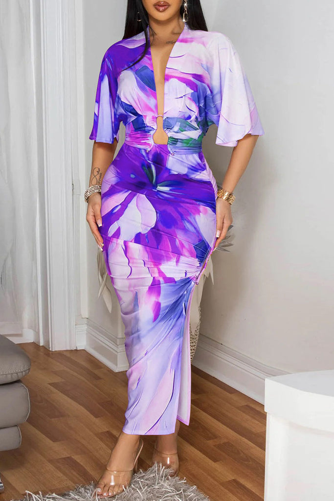 Sexy Casual Elegant Print Slit Ruched Deep V Neck Half Sleeve Two Pieces
