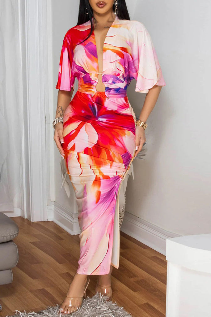 Sexy Casual Elegant Print Slit Ruched Deep V Neck Half Sleeve Two Pieces