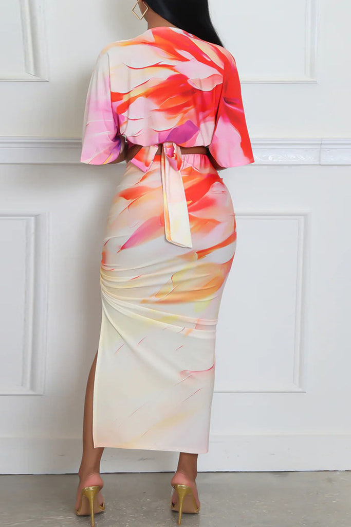 Sexy Casual Elegant Print Slit Ruched Deep V Neck Half Sleeve Two Pieces