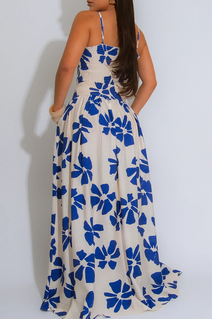 Elegant Print Pocket Spaghetti Strap Sleeveless Two Pieces