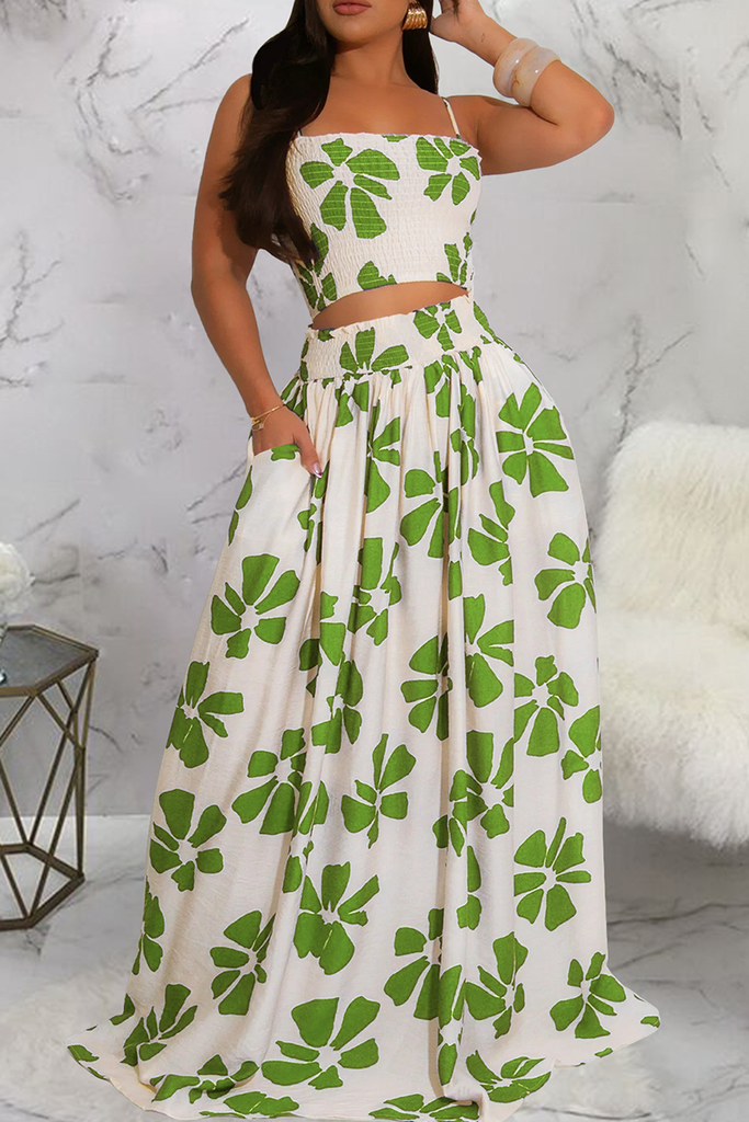 Elegant Print Pocket Spaghetti Strap Sleeveless Two Pieces