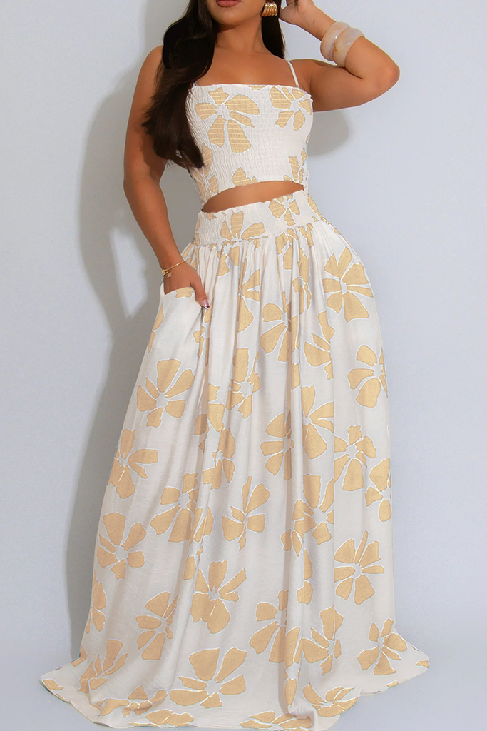Elegant Print Pocket Spaghetti Strap Sleeveless Two Pieces