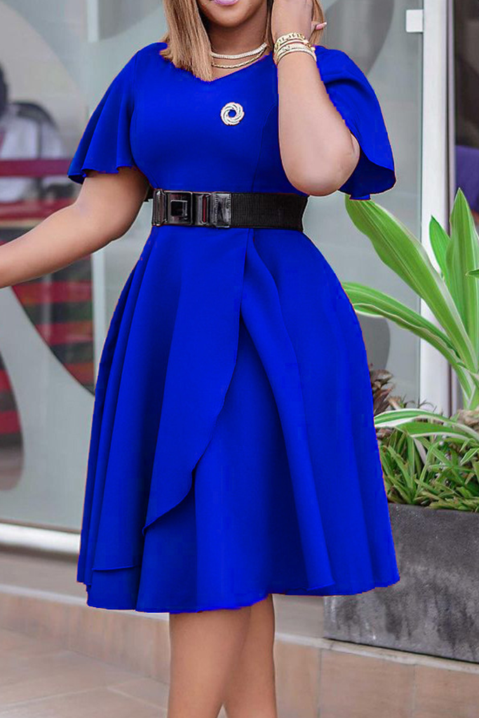 Elegant Solid Color With Belt Ruffled Trim V Neck Long Dresses