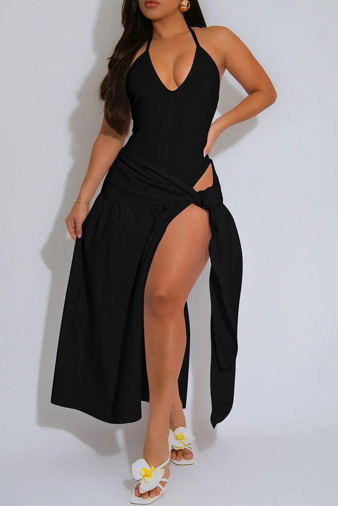 Sexy Solid Color Lace Up Backless Spaghetti Strap Sleeveless Two Pieces