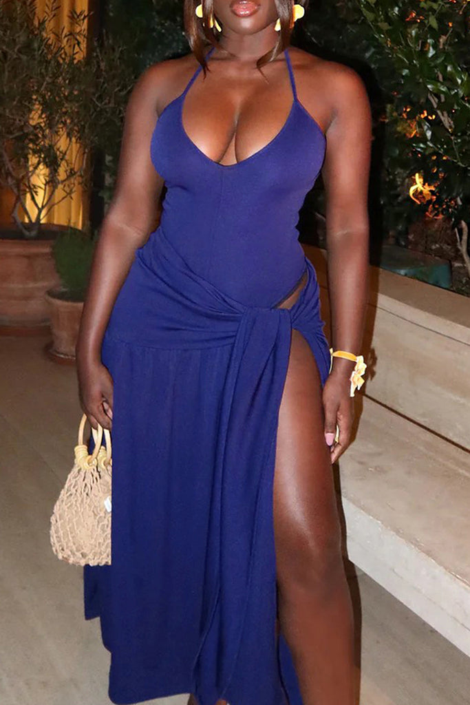 Sexy Solid Color Lace Up Backless Spaghetti Strap Sleeveless Two Pieces