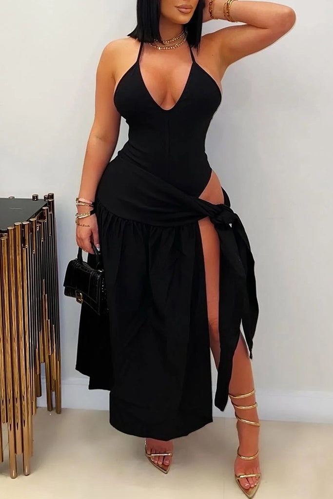 Sexy Solid Color Lace Up Backless Spaghetti Strap Sleeveless Two Pieces