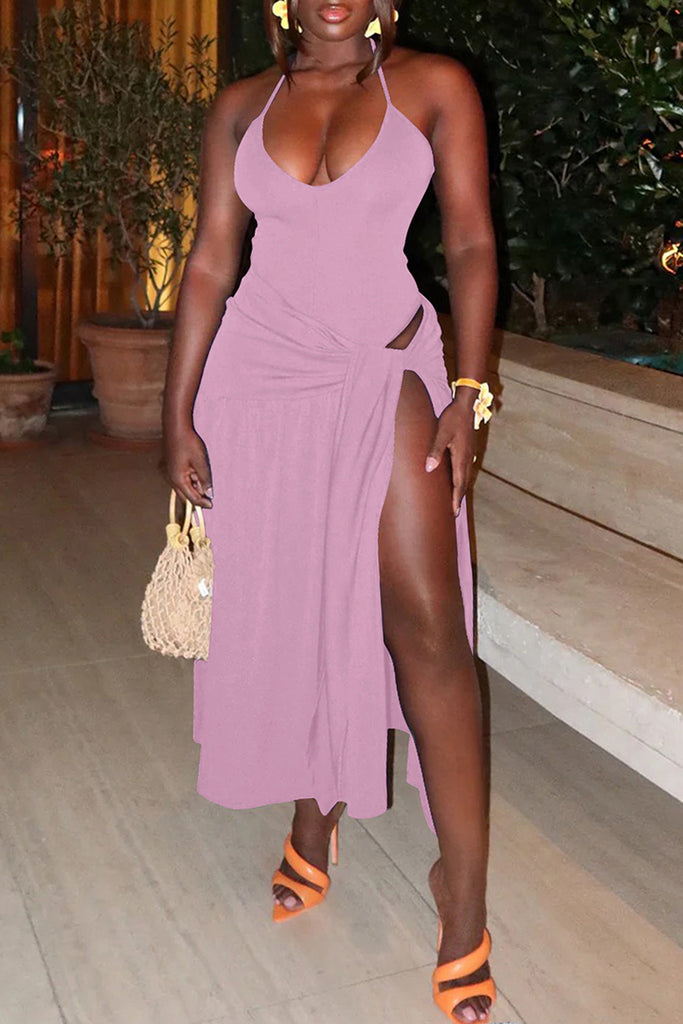 Sexy Solid Color Lace Up Backless Spaghetti Strap Sleeveless Two Pieces