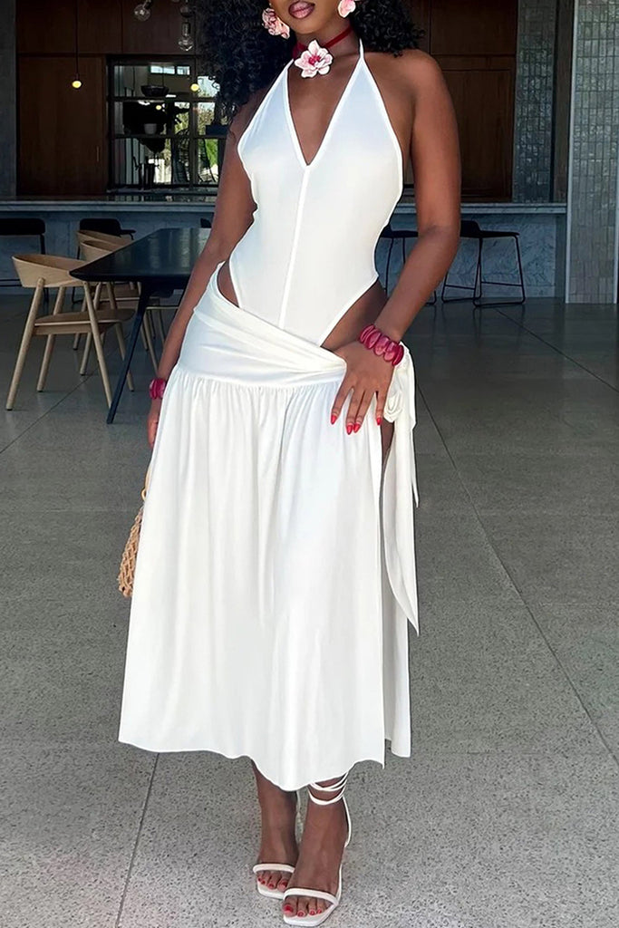 Sexy Solid Color Lace Up Backless Spaghetti Strap Sleeveless Two Pieces