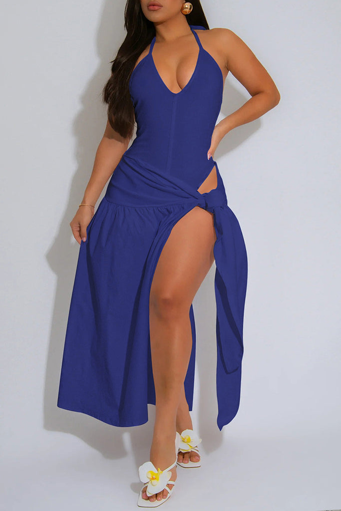 Sexy Solid Color Lace Up Backless Spaghetti Strap Sleeveless Two Pieces