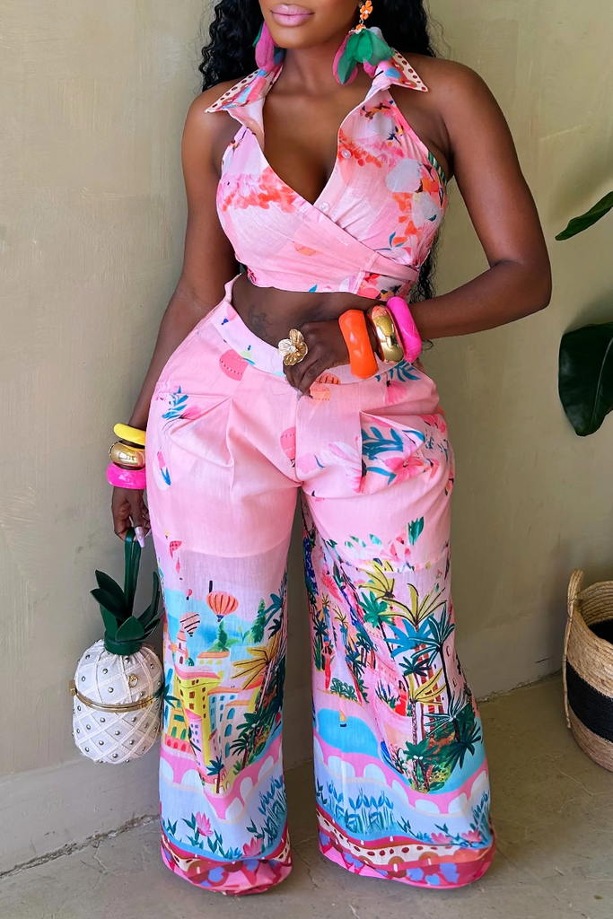 Sexy Print Buttons Ruched Halter Sleeveless Two Pieces