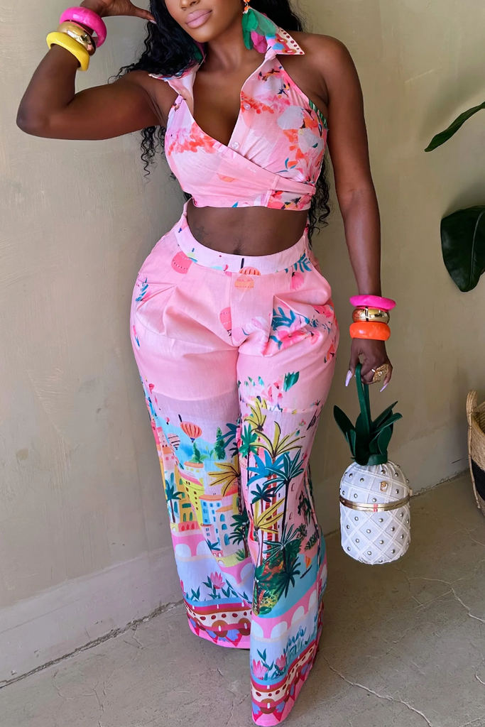 Sexy Print Buttons Ruched Halter Sleeveless Two Pieces