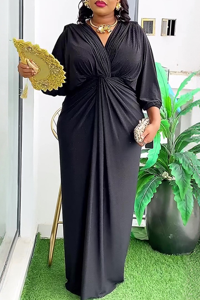 Elegant Solid Color Ruched V Neck Long Plus Size Dresses