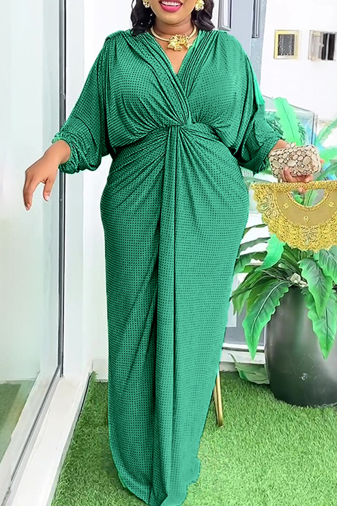 Elegant Solid Color Ruched V Neck Long Plus Size Dresses