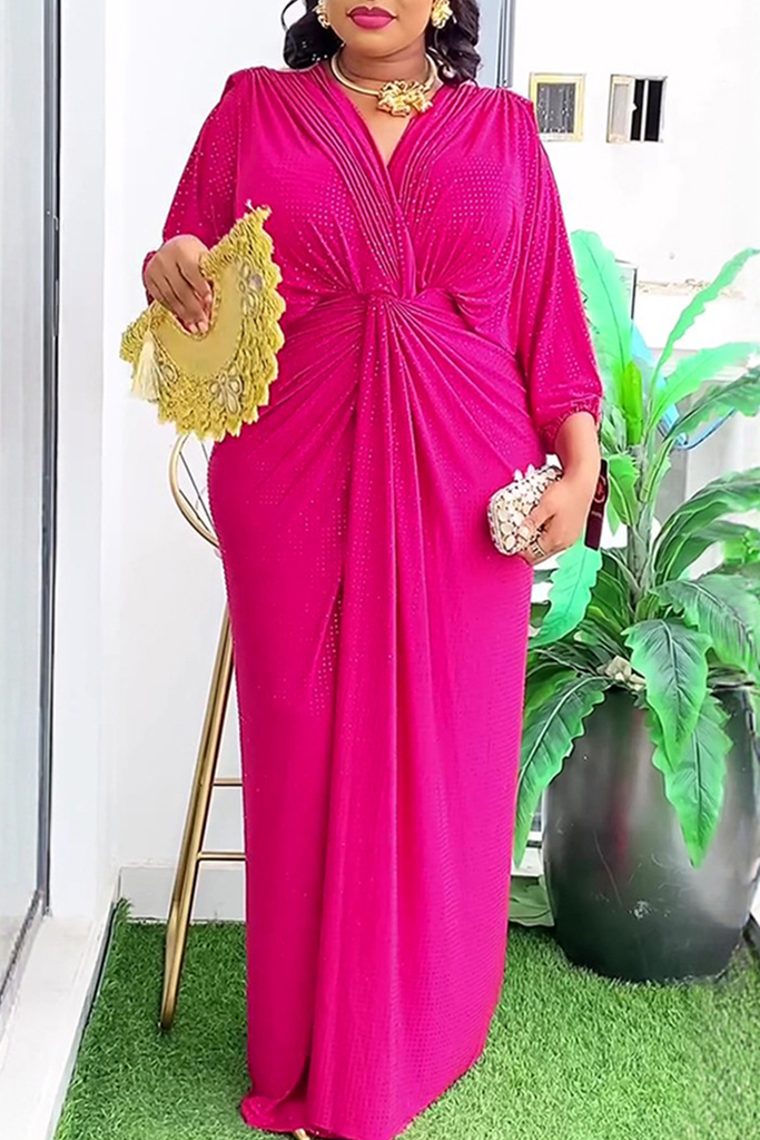 Elegant Solid Color Ruched V Neck Long Plus Size Dresses