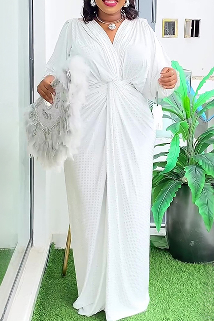 Elegant Solid Color Ruched V Neck Long Plus Size Dresses