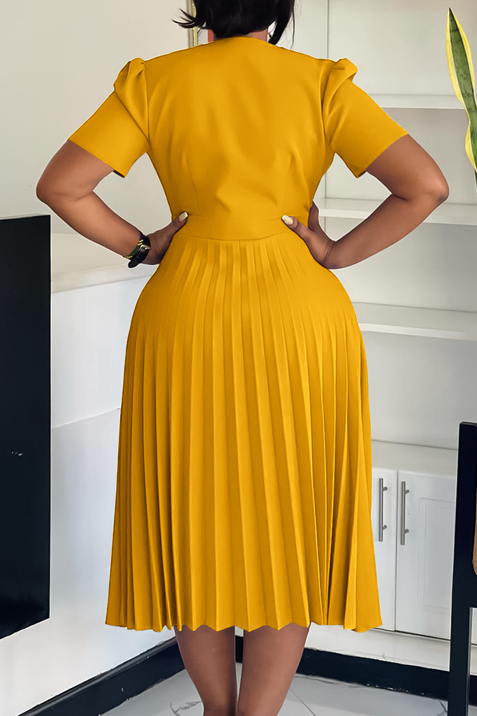 Elegant Solid Color Buttons Flower Shape V Neck Long Dresses