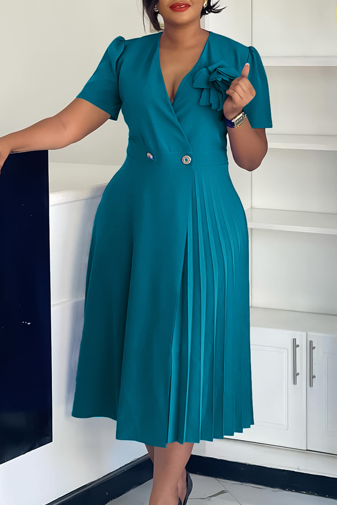 Elegant Solid Color Buttons Flower Shape V Neck Long Dresses