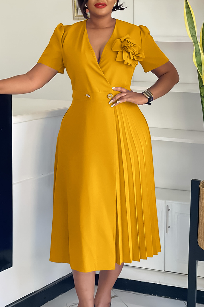 Elegant Solid Color Buttons Flower Shape V Neck Long Dresses
