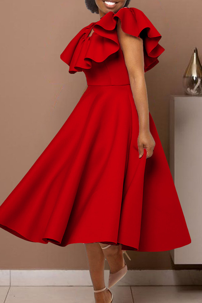 Elegant Solid Color Zipper Flounce O Neck Long Dresses