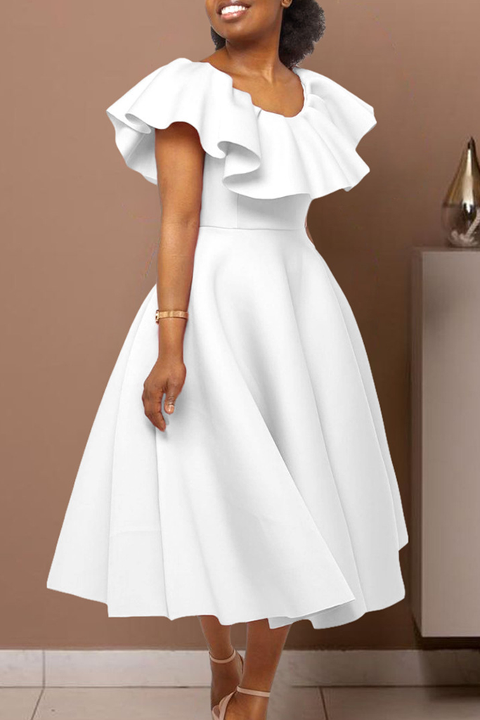 Elegant Solid Color Zipper Flounce O Neck Long Dresses