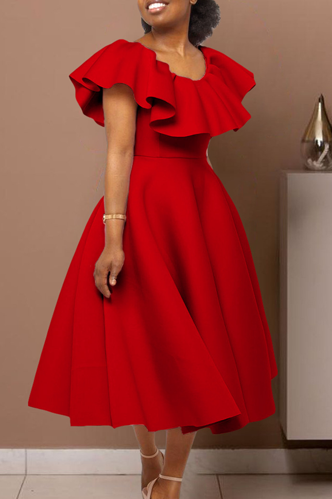 Elegant Solid Color Zipper Flounce O Neck Long Dresses