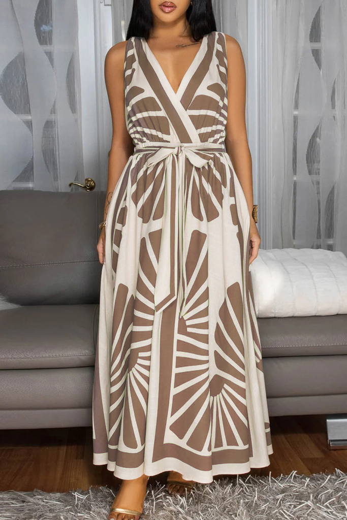 Casual Print Backless Strap Design V Neck Long Dresses