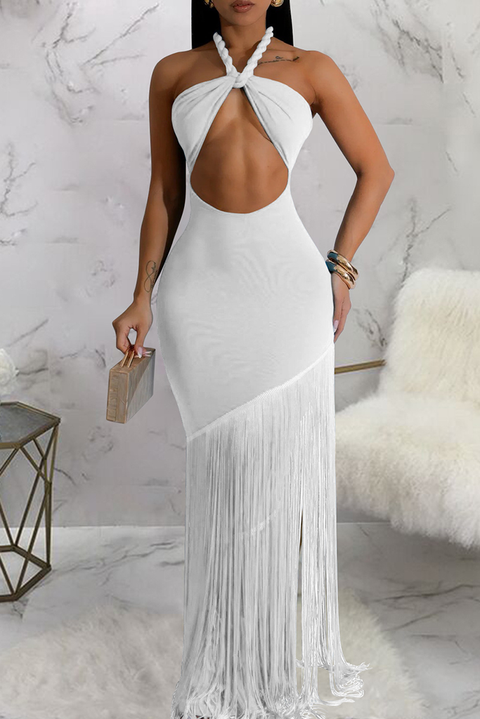 Sexy Solid Color Fringed Trim Hollow Out Halter Long Dresses