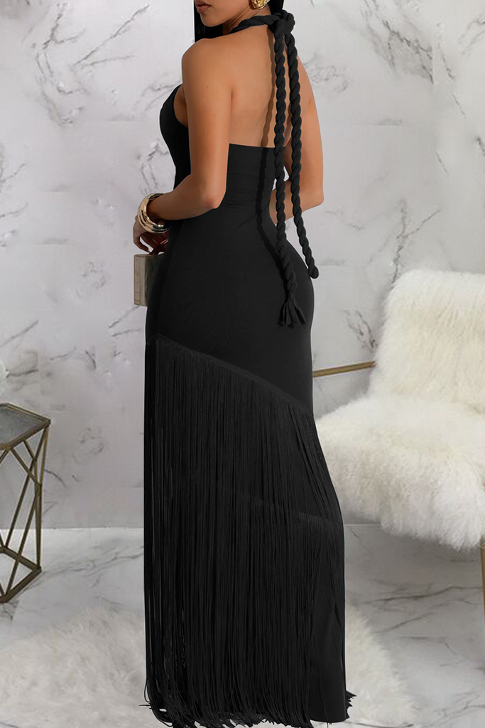 Sexy Solid Color Fringed Trim Hollow Out Halter Long Dresses