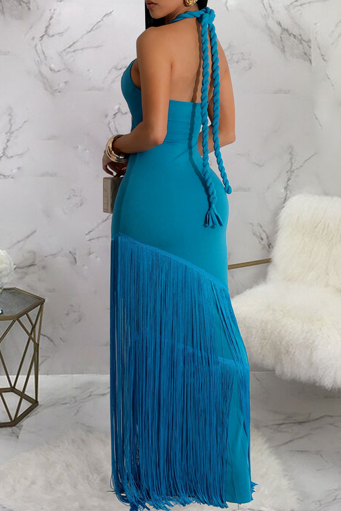 Sexy Solid Color Fringed Trim Hollow Out Halter Long Dresses