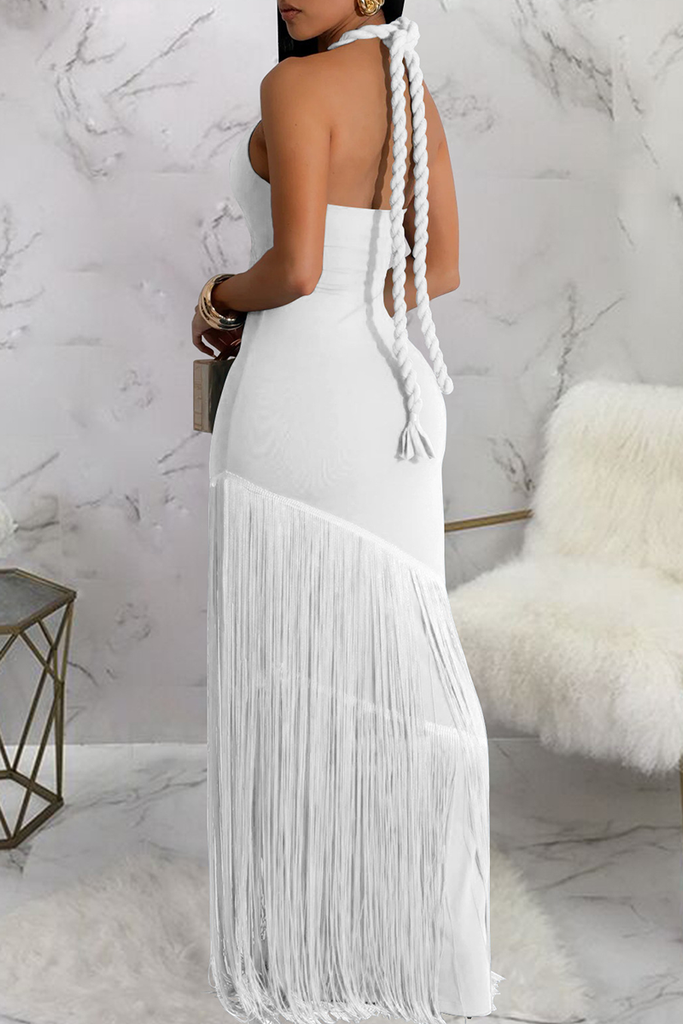 Sexy Solid Color Fringed Trim Hollow Out Halter Long Dresses