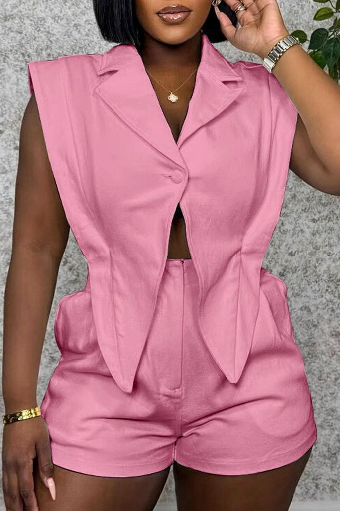 Sexy Casual Solid Color Buttons Irregular Turndown Collar Sleeveless Two Pieces