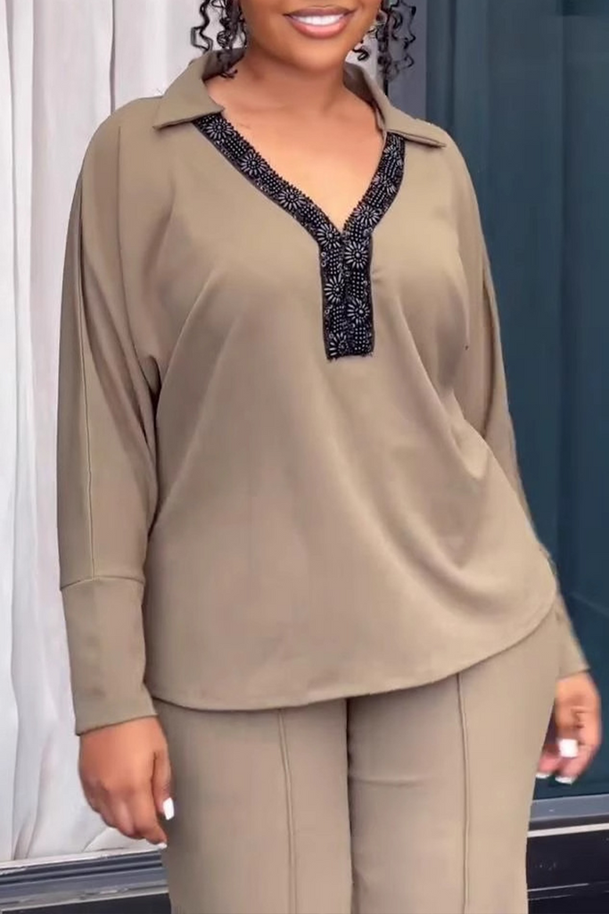 Casual Patchwork V Neck Long Sleeve Two Pieces